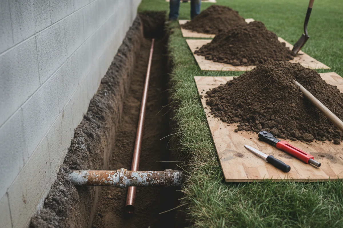 Excavated water line trench during Sewer Line Repair in Kenwood